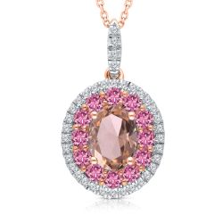 Kallati Morganite Pink Sapphire and 1/5ctw Diamond Rose Gold Halo Pendant Necklace