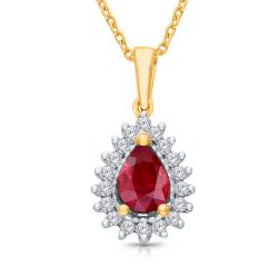 Kallati Ruby and 1/8ctw Diamond Halo Yellow Gold Pendant Necklace