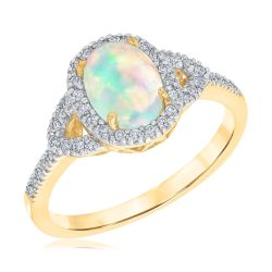 Oval Opal and Diamond Yellow Gold Halo Ring 1/5ctw