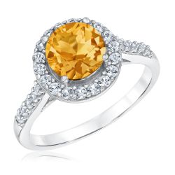 Round Citrine and Created White Sapphire Sterling Silver Ring