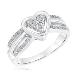 Sterling Silver Diamond Heart and Three Row Promise Ring 1/15ctw