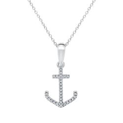 White Gold Diamond Anchor Pendant Necklace 1/20ctw