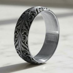 14k White Gold 7.5mm Bali Script Pattern Comfort Fit Wedding Band