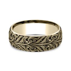 14k Yellow Gold 7.5mm Bali Script Pattern Comfort Fit Wedding Band