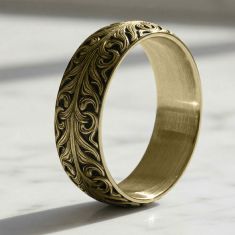 14k Yellow Gold 7.5mm Bali Script Pattern Comfort Fit Wedding Band