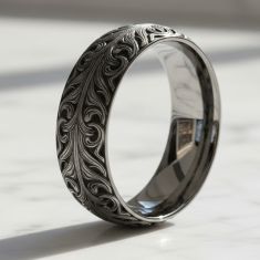 Grey Tungsten 8mm Bali Script Pattern Comfort Fit Wedding Band