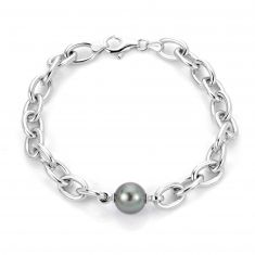 10-11mm Cultured Tahitian Pearl Sterling Silver Oval Link Bracelet | 8.5 Inches | Men's