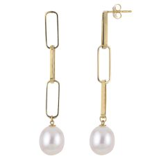 10-11mm Freshwater Cultured Pearl and Paperclip Chain Yellow Gold Drop Earrings