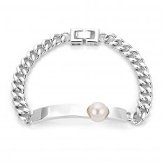 10.5-11mm Freshwater Cultured Pearl Sterling Silver ID Curb Chain Bracelet | 8.5 Inches | Men's