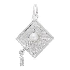14k White Gold Pearl Graduation Cap Flat Charm