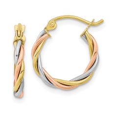 10k Tri-Tone Gold Twisted Hoop Earrings, 16mm