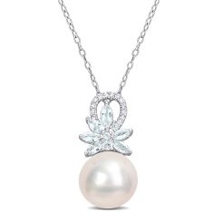 11-12mm Freshwater Cultured Pearl, Aquamarines, and 1/16ctw Diamond Accent Flower Sterling Silver Pendant Necklace