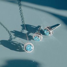 Round Aquamarine and Diamond Halo White Gold Pendant Necklace - Watercolor Collection
