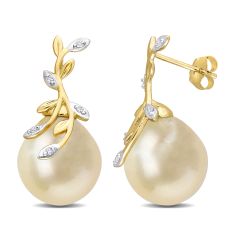 12-12.5mm Golden South Sea Cultured Pearl and 1/16ctw Diamond-Accent Leaf Design Yellow Gold Earrings