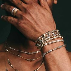 Metal Alchemist Precious Metal Two-Tone Beaded Large and Small Oval Stretch Bracelet