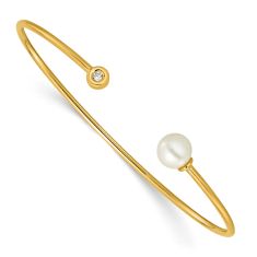 Freshwater Cultured Pearl and Diamond Accent 14k Yellow Gold Cuff Bracelet 1