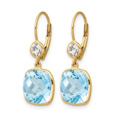 Cushion Swiss Blue Topaz and White Topaz 14k Yellow Gold Drop Earrings