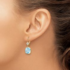 Cushion Swiss Blue Topaz and White Topaz 14k Yellow Gold Drop Earrings