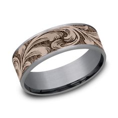 14k Rose Gold and Grey Tantalum 7.5mm Barrell Script Pattern Comfort Fit Wedding Band