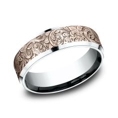 14k Rose Gold and White Gold 7mm London Script Lightweight Comfort Fit Wedding Band