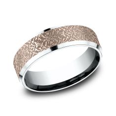 14k Rose Gold and White Gold 7mm Ottoman Tile Pattern Lightweight Comfort Fit Wedding Band