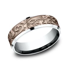 14k Rose Gold and White Gold 7mm Scrollwork Lightweight Comfort Fit Wedding Band