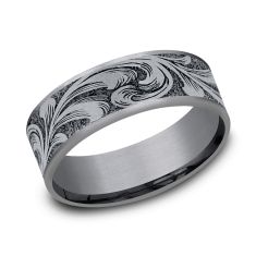 image of 14k White Gold and Grey Tantalum 7.5mm Barrell Script Pattern Comfort Fit Wedding Band with sku:7315746TFCGTA14KW