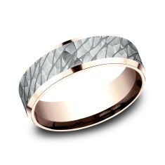 14k White Gold and Rose Gold 7mm Hammered Pebble Lightweight Comfort Fit Wedding Band