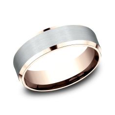 14k White Gold and Rose Gold 7mm Satin Finish Bevel Edge Lightweight Comfort Fit Wedding Band