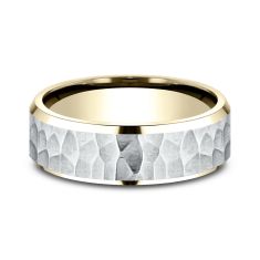 14k White Gold and Yellow Gold 7mm Hammered Finish Lightweight Comfort Fit Wedding Band