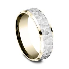 14k White Gold and Yellow Gold 7mm Hammered Finish Lightweight Comfort Fit Wedding Band