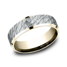 14k White Gold and Yellow Gold 7mm Hammered Pebble Lightweight Comfort Fit Wedding Band