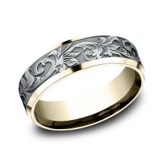 14k White Gold and Yellow Gold 7mm Scrollwork Lightweight Comfort Fit Wedding Band
