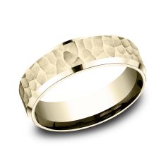 14k Yellow Gold 7mm Hammered Finish Lightweight Comfort Fit Wedding Band