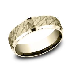14k Yellow Gold 7mm Hammered Pebble Lightweight Comfort Fit Wedding Band