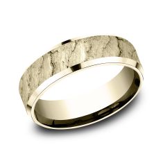 14k Yellow Gold 7mm Lava Rock Textured Lightweight Comfort Fit Wedding Band