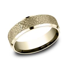 14k Yellow Gold 7mm Ottoman Tile Pattern Lightweight Comfort Fit Wedding Band