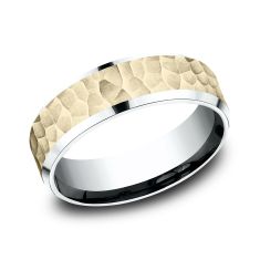 14k Yellow Gold and White Gold 7mm Hammered Finish Lightweight Comfort Fit Wedding Band