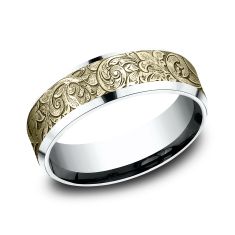 14k Yellow Gold and White Gold 7mm London Script Lightweight Comfort Fit Wedding Band