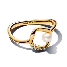 Pandora Essence Organically Shaped Pavé Circle & Treated Freshwater Cultured Pearl Gold-Plated Ring