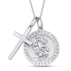 Personalized Saint Christopher Medallion and Cross Pendant Necklace Personalized Saint Christopher Medallion and Cross Pendant Necklace
