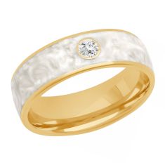 1/10ct Bezel-Set Diamond and Pearl White Ceramic Inlay Yellow Gold Wedding Band | 7mm | Men's