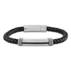1/10ctw Black Diamond Men's Black Leather Bracelet
