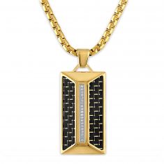 1/10ctw Diamond Black Carbon Fiber and Gold-Plated Stainless Steel Dog Tag Pendant Necklace