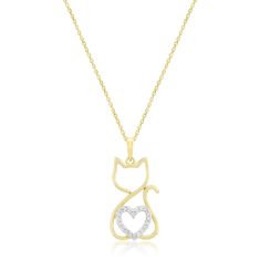 1/10ctw Diamond Heart Yellow Gold Cat Pendant Necklace