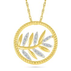 1/10ctw Diamond Leaf and Rope Circle Yellow Gold Pendant Necklace