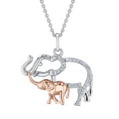 Hallmark 1/10ctw Diamond Two-Tone Sterling Silver and Rose Gold Mom and Calf Elephant Pendant Necklace