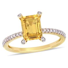 Emerald-Shaped Citrine and 1/10ctw Diamond Yellow Gold Ring