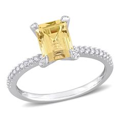 Emerald-Shaped Citrine and 1/10ctw Diamond White Gold Ring