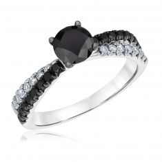 1 1/2ctw Round Treated Black Diamond and Diamond Crossover White Gold Engagement Ring | Timeless Collection